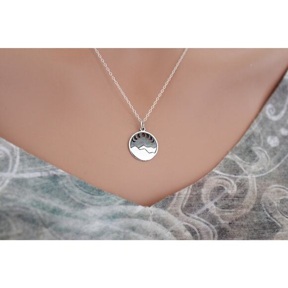 Sterling Silver Sterling Silver Mountain Charm with Moon Phase Cutouts Necklace - Picture 3 of 5